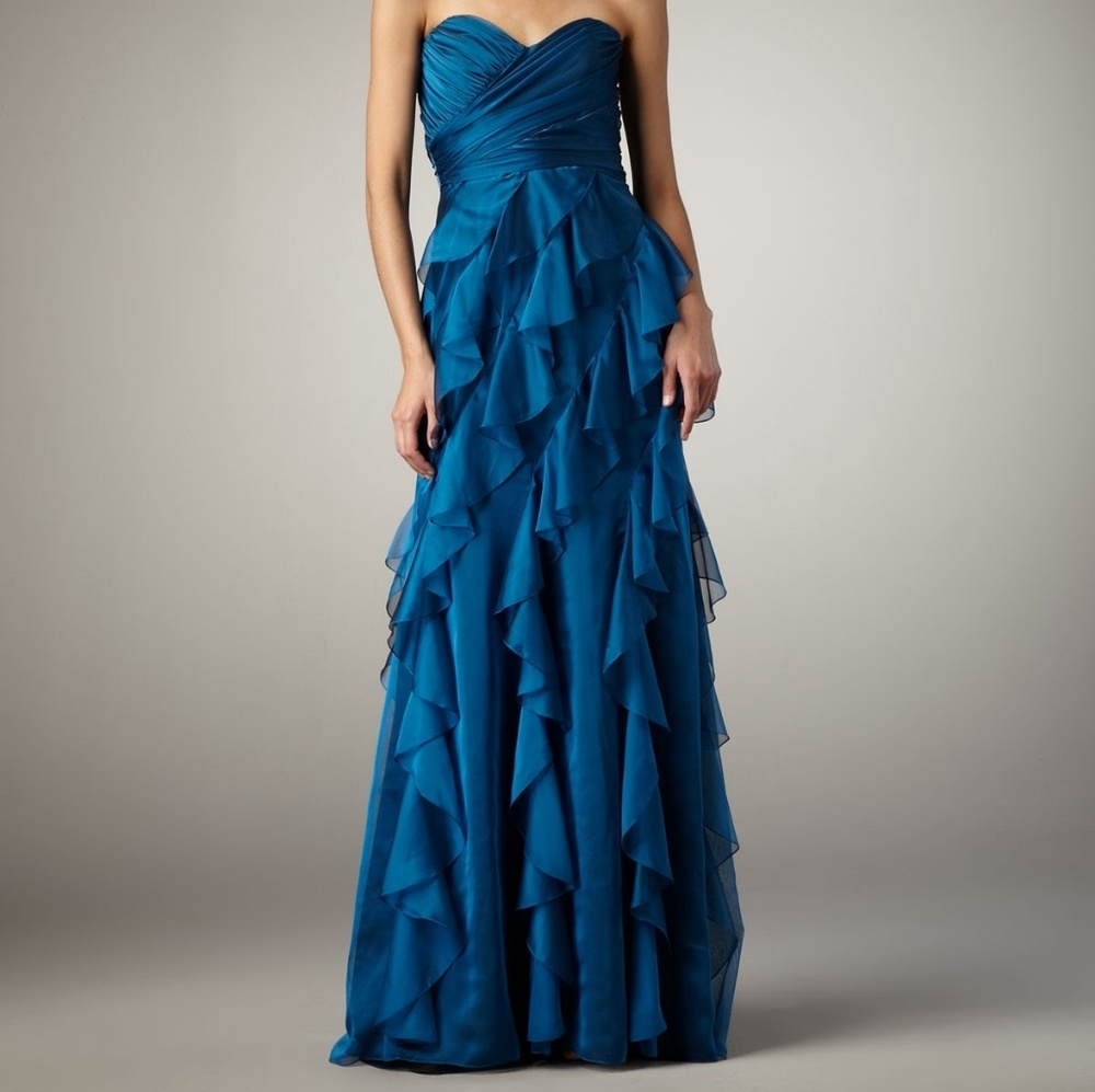 Badgley Mischka strapless gown with scarf